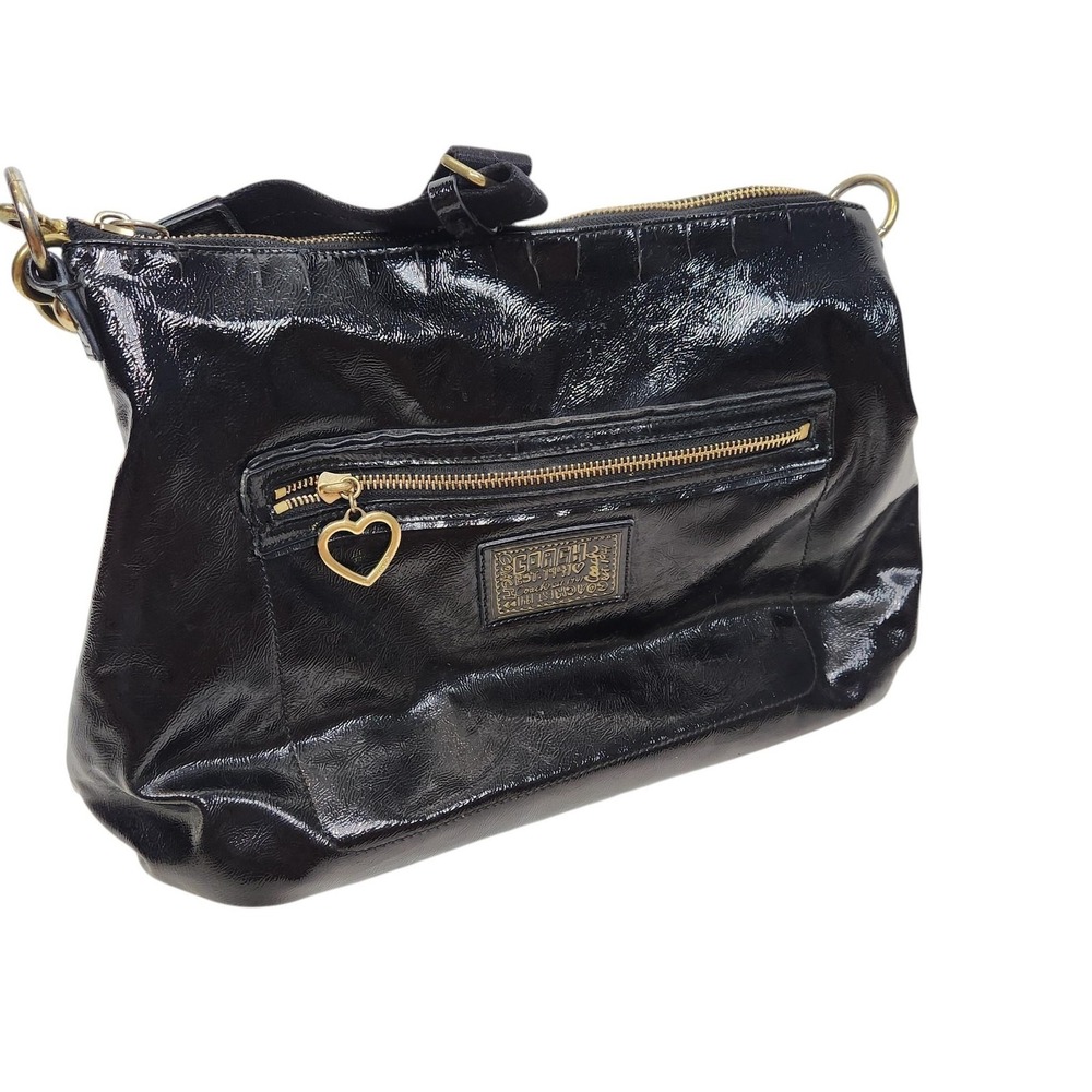 COACH Poppy Crossbody Shoulder Bag Womens Medium Black Leather Zip‎ Heart Charm